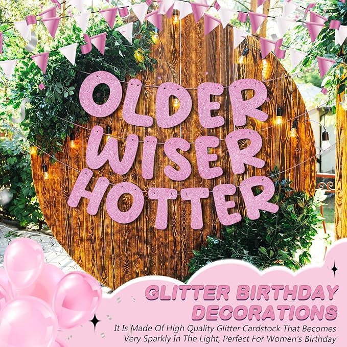 Fulmoon Set of 3 Pre Strung Older Wiser Hotter Glitter Banner Funny Birthday Banner for Women 30th 40th 50th 60th 70th 80th Birthday Party Decorations Sign Gift(Pink)