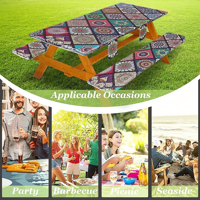 Fitted Picnic Table Cover with Bench Covers Waterproof Elastic Edges Rectangle Patio Tablecloth Outdoor Camping Essentials Stuff Rv Accessories Summer Trip Travel Camper Gifts for Woman Men, 96in 8 ft