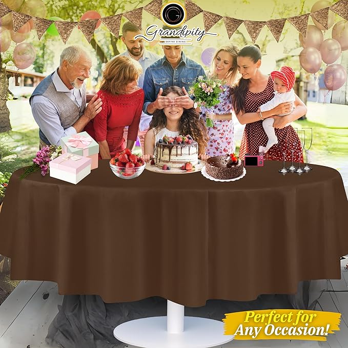 Grandipity Brown Plastic Table Cloth Disposable (6 Pk) 84in Round Tablecloth Premium Party Table Cloths Disposable - Perfect Table Cloth Round Cover for Any Table Up to 6 Feet