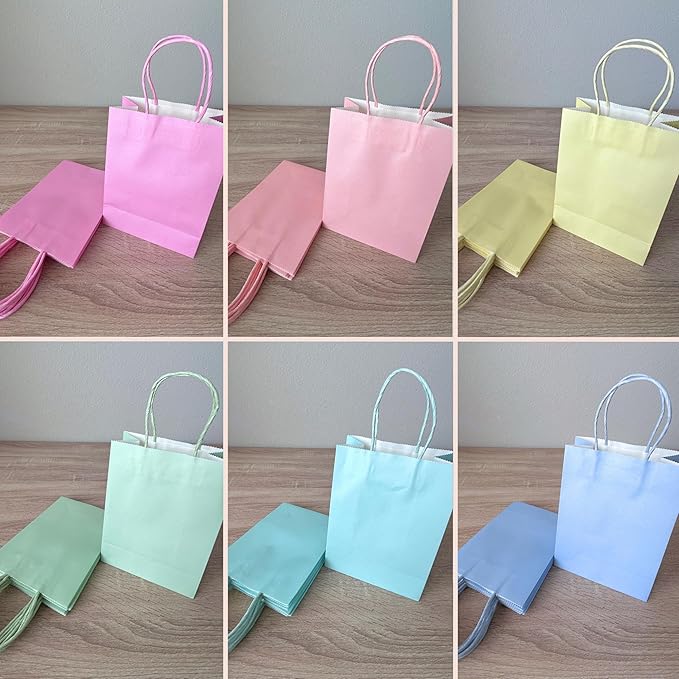 Bon et Beau Pastel Rainbow Paper Gift Bags 30 Packs - 6 Assorted Colors, 5.9 x 8.25 x 3.15 Inch Small Kraft Paper Party Favor Bags with Handles Perfect for Birthdays, Baby Showers, Weddings, and Holiday Parties