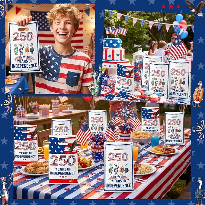 Andi Cppss 250 Years Party Favor Bags - 50PCS 250 Years Patriotic Theme Plastic Gift Bags with Handles 4th of July Goodie Treat Snack Candy Bag for Independence Memorial Day Party Supplies Decorations