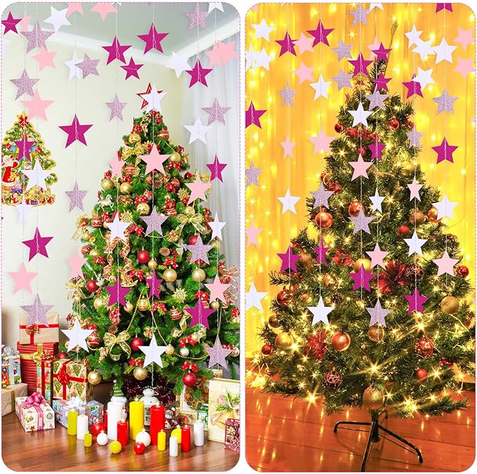 Patelai Glitter Star Garland Banner 2026 Graduation Decor 130 Feet Star Hanging Banner Twinkle Backdrop for Party Birthday Classroom Wedding Supplies(Pink,Rose Red,White)