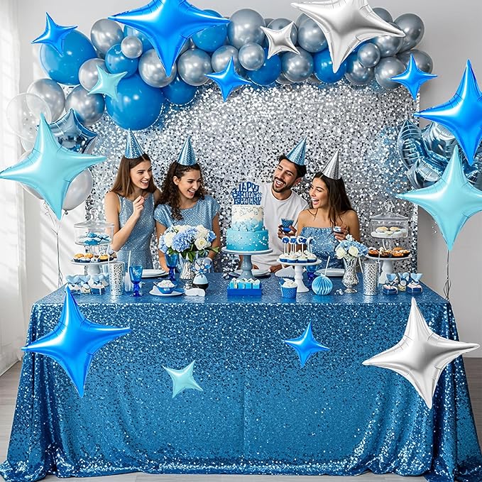 TONIFUL 30Pcs 26In&10In Star Balloons Blue Silver Four Pointed Foil Mini Star Mylar Balloons for Birthday Wedding Baby Shower Anniversary Engagement Party Decor Supplies