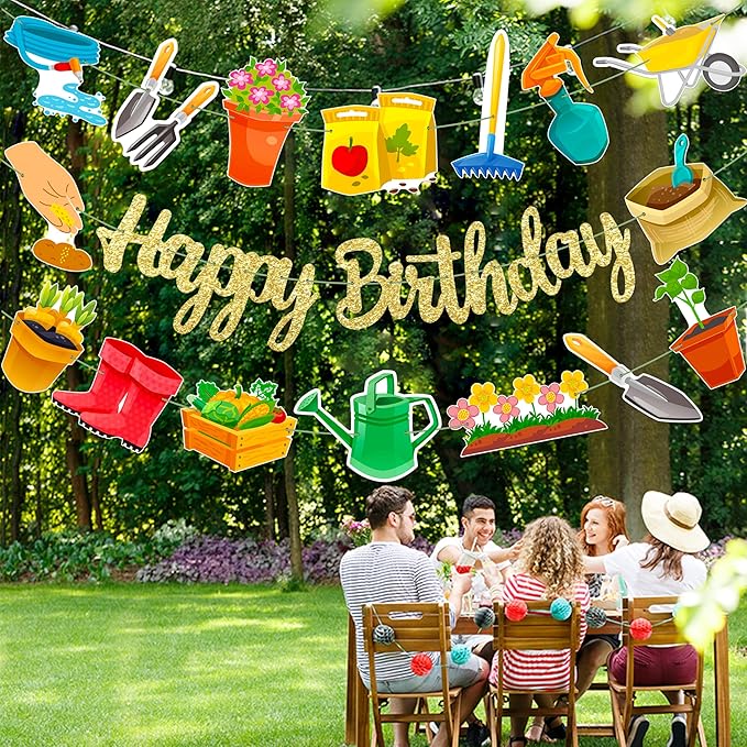 Garden Birthday Party Decorations 3Pcs Gardening Tool Theme Banner Garlands Gardening Birthday Hanging Decorations for Spring Theme Party Supplies
