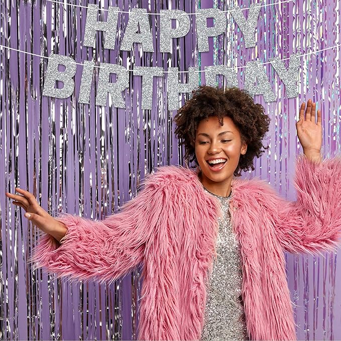 Pre-strung Happy Birthday Banner - No DIY - Silver Glitter Birthday Party Banner for Men & Women - Pre-strung Garland on 8 ft Strands - Silver Bday Party Decorations & Decor. Did We Mention No DIY