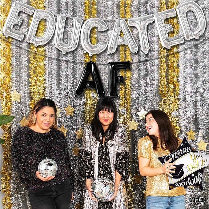KatchOn, Silver Black Educated AF Balloons Banner - 16 Inch | Educated AF Grad Balloon for 2026 Graduation Decorations | Silver Black Graduations Balloon for Graduation Decorations 2026