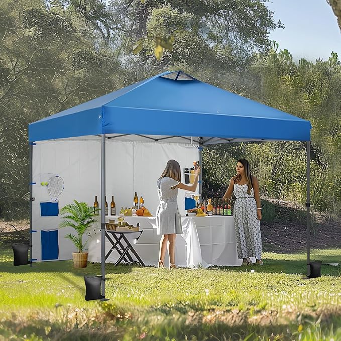 Canopy Tent Pop Up 10x10 ft One Person Push Set Up Tent, Outdoor Canopies Shelter Heavy Duty Straight Legs with 1 Sidewall & 4 Sandbags, 1 Roller Bag & Storage Bag, 8 Stakes & 4 Guy Ropes UPF50+, Blue