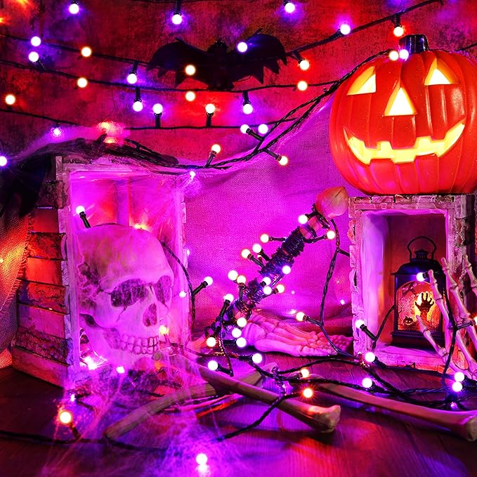 ODEETRONIC Halloween Lights, 65.6ft 200 LED Purple & Orange Globe String Lights, Connectable Berry String Lights, 8 Modes Ball Lights with Timer, Outdoor Halloween Lights for Graden Tree Party Bedroom