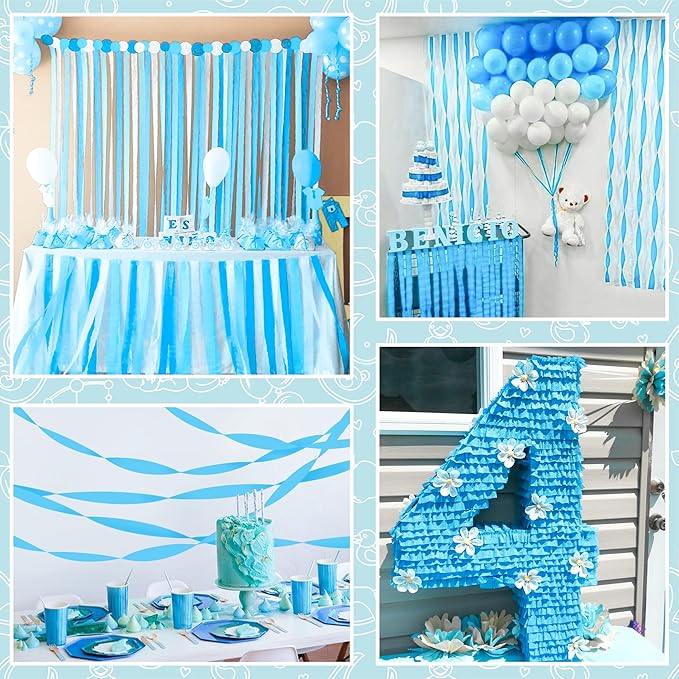8 Rolls Crepe Paper Streamers, Sky Blue Streamers Party Decorations for Baby Shower Birthday Gender Reveal Under The Sea Party