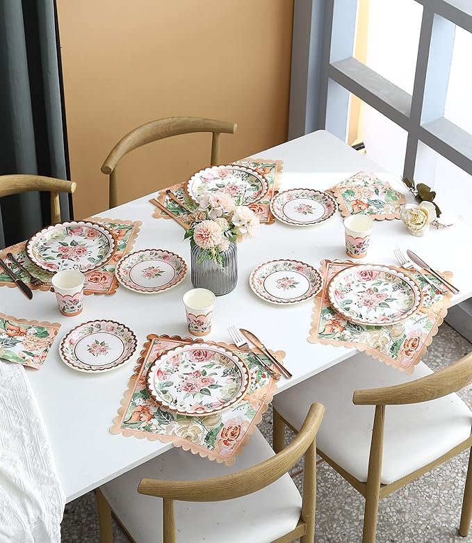 Vintage Floral Party Supplies Rose Gold for Mother's Day - Serves 16 - Includes Flower Paper Plates Cups Napkins Knifes Forks for Baby Shower Bridal Shower Wedding Birthday Decorations Tea Party