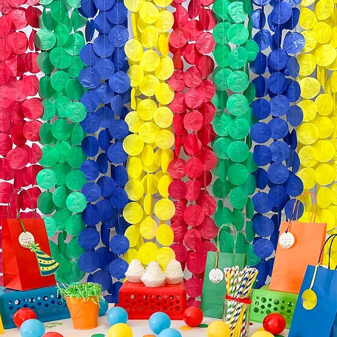 205Ft Mario Party Decorations Red Green Blue Yellow Big Polka Dot Tissue Paper Backdrop Streamer Circle Dot Hanging Garland for Birthday Baby Shower Carnival Circus Clown Fiesta Colorful Party