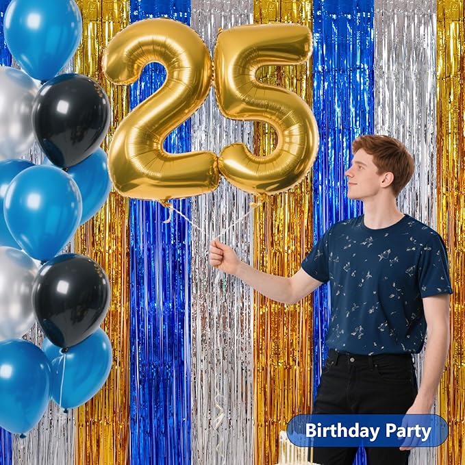 BEISHIDA 3Pcs Blue Silver Gold Door Streamer Backdrop Foil Fringe Tinsel Curtains Backdrops for Boy Men Birthday Baby Shower Graduation Decoration (3.28 ft x 6.56 ft)