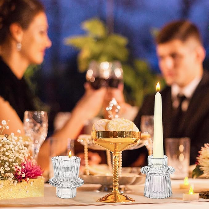 Taper Votive Candle Holder for Pillar Candles Tealight, Candlestick Holder for Wedding Christmas Tea Party, Boho Ribbed Vintage Crystal Glass Table Centerpiece Decor, Bulk Set of 6 (Clear)