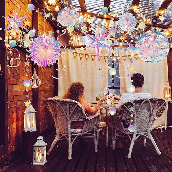 29 Pieces Iridescent Holographic Party Supplies Kit with Hanging Honeycomb Ball Decorative Paper Fan Snowflake Garlands White Star Hanging Swirl Decorations for Birthday Wedding Party Home
