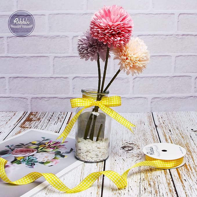 Ribbli Yellow and White Gingham Ribbon,100% Polyester Woven Edge,5/8 Inch x 10 Yard,Plaid Ribbon Use for Gift Wrapping,Floral Design,Hair Bows