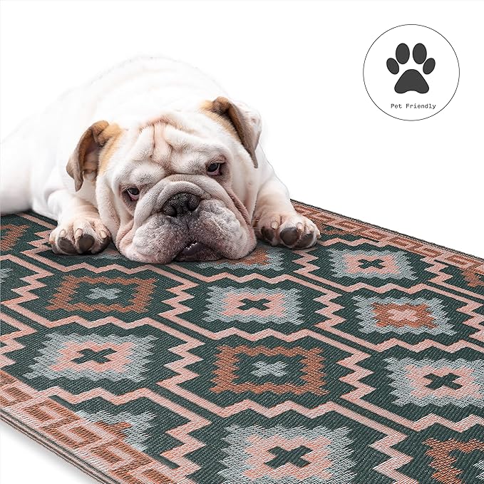 Fab Habitat Outdoor Rug - Waterproof, Fade Resistant, Crease-Free, Reversible - Premium Recycled Plastic - Vintage Boho Kilim - Patio, Deck, Porch, Balcony, Laundry Room - Lhasa - Green - 4 x 6 ft