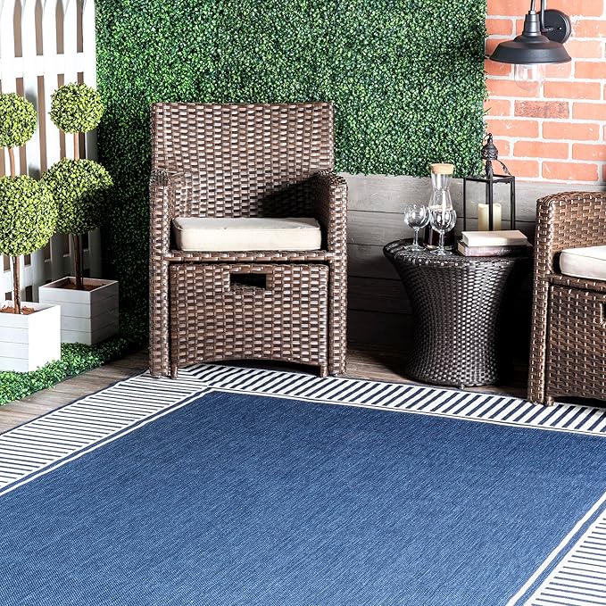 Nuloom Asha Navy/Ivory, 4' Square, Casual, Striped Border, Soft and Cozy, High Traffic, Stain Resistant, Easy Clean, Durable Area Rug for Indoor/Outdoor Patio, Deck, Porch, Garden, Courtyard