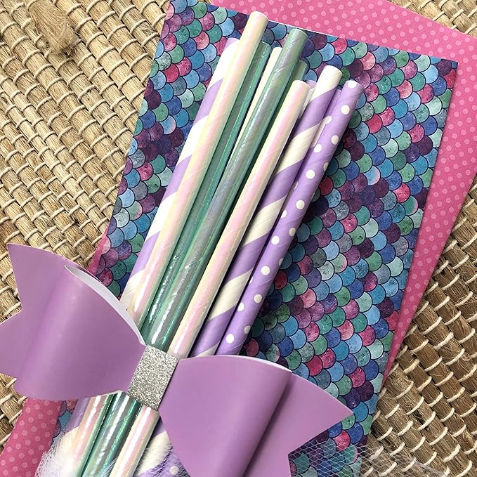 Mermaid Party Supply - Lilac Lavender Blue Green Paper Foil Drinking Straws - 7.75 Inches - 100 Pack