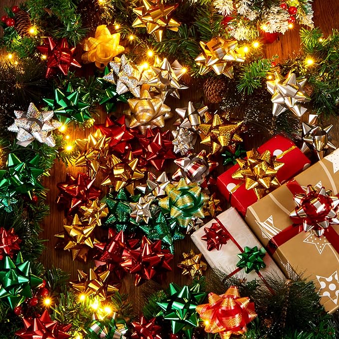 JOYIN 50 PCS Christmas Bows and Gift Ribbons with 48 Multi-Colored Assorted Size Self Adhesive Gift Bows and 2 Rolls of Curling Ribbons for Gift, Present Wrapping Decoration