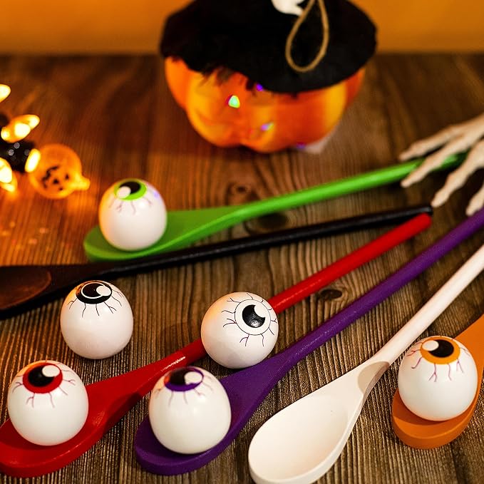 JOYIN Halloween Egg and Spoon Race Game, 6 Eggs and 6 Spoons, Made of the Finest Wood, Fun Game for Parties, Birthdays Classroom Activities. Durable, Lightweight |Six Assorted Colors