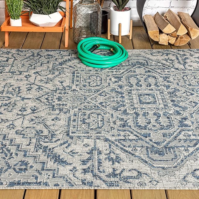 JONATHAN Y Boho Medallion Indoor Outdoor Area Rug 8X10 Navy/Gray, Estrella Textured Weave for Backyard, Patio, Porch, Easy-Cleaning, High Traffic, Pet-Friendly, Non-Shedding (SMB105B-8)
