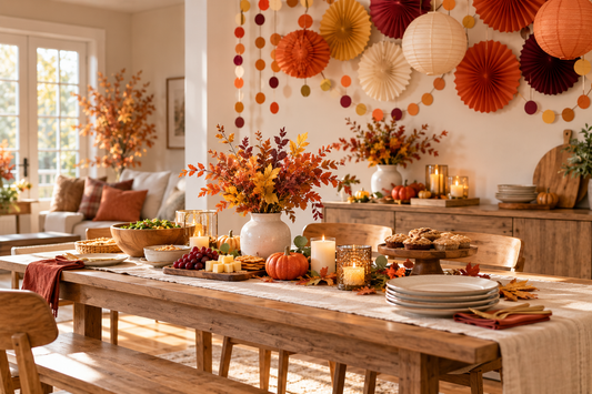 Simple fall party setup with warm autumn colors and uncluttered decorations