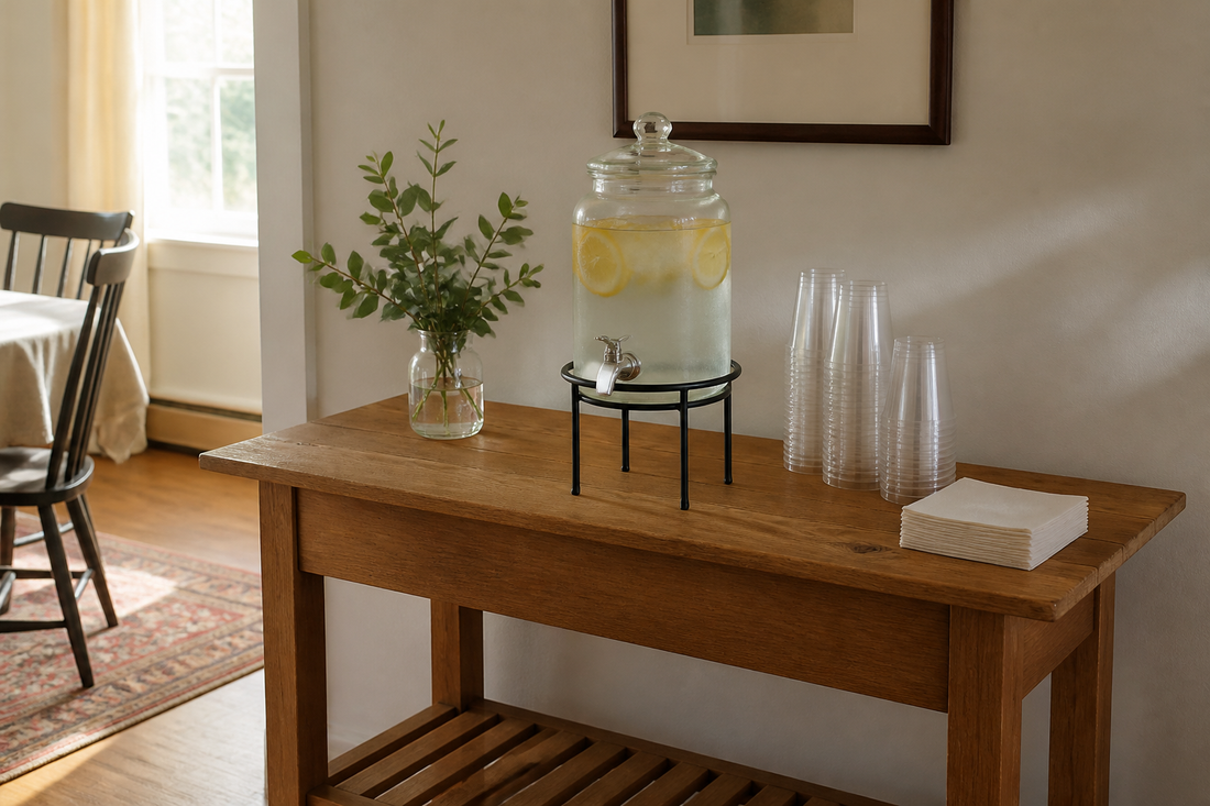 Simple self-serve drink station with a glass beverage dispenser, cups, and napkins for a home party