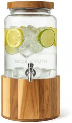 1 Gallon Glass Water & Lemonade Dispenser with Wooden Lid & Stand – Mason Jar Beverage Dispenser with Stainless Steel Spigot, Measurement Marks – Drink Server for Parties, Events, Home Use