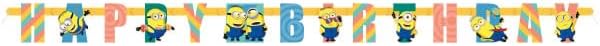 Unique Despicable Me Birthday Party Supplies Bundle Pack includes 1 Happy Birthday Banner, 6 Hanging Swirl Decorations, 1 Dinosaur Sticker Sheet
