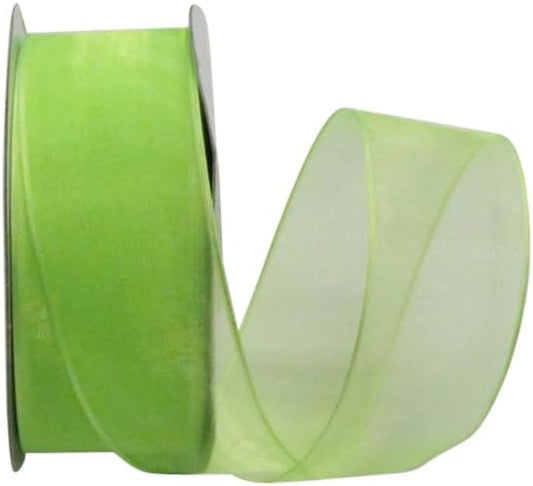 Ribbon Bazaar Sheer Organza Wired Ribbon - Wire Edged Ribbon for Floral Decor, Table Arrangements, Apparel Embellishment & More - 1-1/2" Apple Green 25yd Spool
