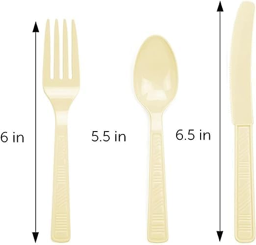 DecorRack Plastic Cutlery Set, Cream Colored Plastic Silverware Sets for Parties, 240 Piece Bulk Heavy Duty Utensils (Cream, 240 Pieces)