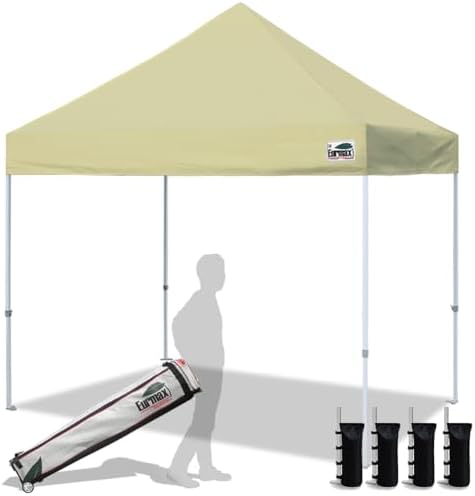 Eurmax USA 8x8ft Pop Up Canopy, Commercial Instant Tent for Outdoor Events, Patented No-Tip Rolling Storage Bag with 4 Sandbags, UV & Water Resistant, Heavy Duty Portable Shelter Gazebo,Beige