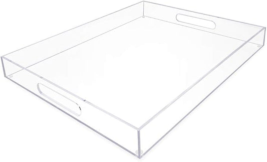 Isaac Jacobs Clear Acrylic Serving Tray (16x20) with Cutout Handles, Spill-Proof, Stackable Organizer, Space-Saver, Food & Drinks Server, Indoors/Outdoors, Lucite Storage Décor & More