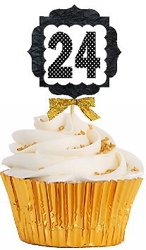 24th Birthday Anniversary Gold Ribbon Novelty Cupcake Appetizer Decoration Toppers / Picks -12ct