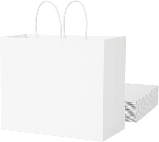 SUNCOLOR White Gift Bags with Handles, Large 13x10x5.5 Inch, 25 Pack, for Birthday, Wedding, Retail, Shopping