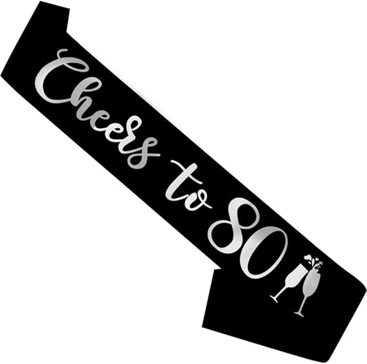 Birthday Sash Black, 'Cheers To 80' Birthday Sash for Girl Women and Men with Silver Foil Letters for Funny Party Favor Supplies 80 Black Silver