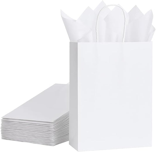 SUNCOLOR White Gift Bags with Tissue Paper, 24 Pack Small Kraft Paper Bags, 7.9 x 5.12 x 3.15 Inches, Sturdy Handles for Weddings, Baby Showers, Birthdays, Party Favors