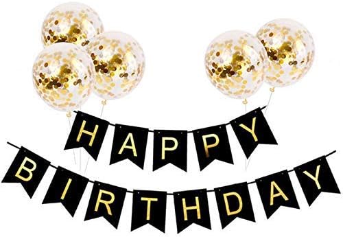 Black HAPPY BIRTHDAY Banner with 5 pcs Gold Confetti Balloons
