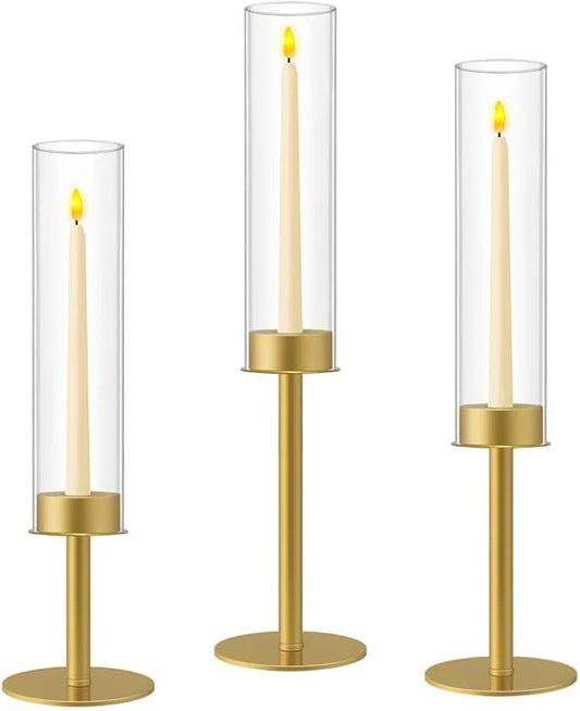 Gold Hurricane Glass Candle Holders 3pc,Taper Candle Holders Candlestick Holders Wedding Table Centerpiece Decoration Christmas Party