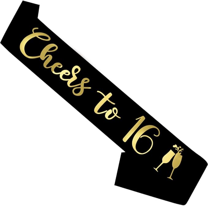 Birthday Sash Black, 'Cheers To 16' Birthday Sash for Girl Women and Men with Gold Foil Letters for Funny Party Favor Supplies 16 Black Gold