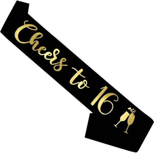 Birthday Sash Black, 'Cheers To 16' Birthday Sash for Girl Women and Men with Gold Foil Letters for Funny Party Favor Supplies 16 Black Gold