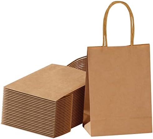 SUNCOLOR 50 Pieces Brown Small Gift Bags with Handles, 5.9 x 4.7 x 2.4 Inches Mini Goodie Bags for Party Favors Birthday Treat Bags