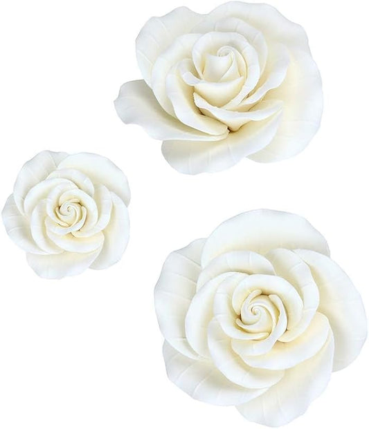 O'Creme Garden Roses Gumpaste Flower Set - White Edible Flowers for Cake Decorating - for Cakes, Candy, Cupcake Toppers - Birthday, Wedding, Valentines, Baby Shower - 2 of 3 Sizes, Total 6
