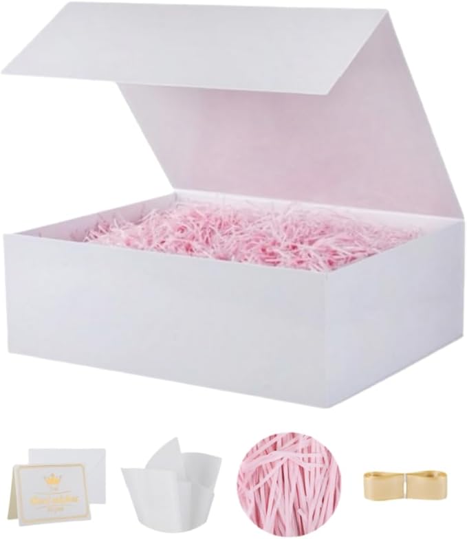 UoeRing 1 Pcs White Gift Box 11.5x8x4 inch Luxury Gift Box for Presents with Magnetic Lid Collapsible,Birthday,Christmas,Contains Card, Ribbon, Tissue Paper,Shredded Paper Fille