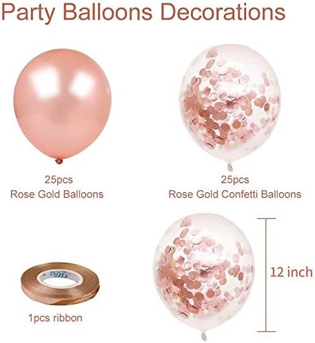 Rose Gold Confetti Latex Balloons, 50 pack 12 inch Birthday Balloons with 33 Feet Rose Gold Ribbon for Party Wedding Bridal Shower Decorations