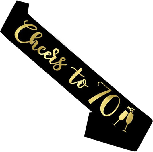 Birthday Sash Black, 'Cheers To 70' Birthday Sash for Girl Women and Men with Gold Foil Letters for Funny Party Favor Supplies 70 Black Gold