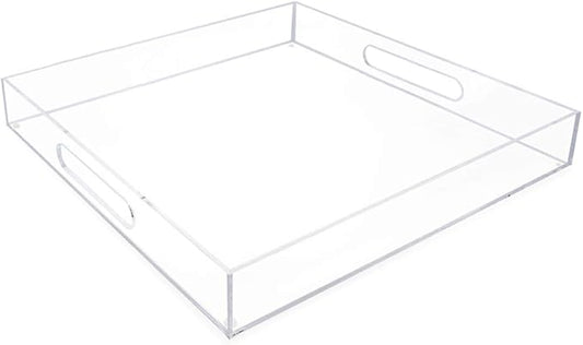 Isaac Jacobs Clear Acrylic Serving Tray (15x15) with Cutout Handles, Spill-Proof, Stackable Organizer, Space-Saver, Food & Drinks Server, Indoors/Outdoors, Lucite Storage Décor & More
