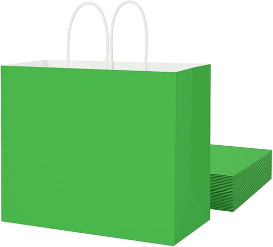 SUNCOLOR Green Gift Bags with Handles, Large 13x10x5.5 Inch, 25 Pack, for Birthday, Wedding, Shopping, Party Favors
