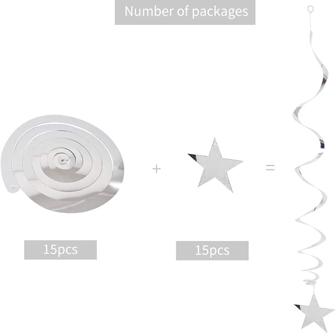 BEISHIDA Silver Star Hanging Swirl Decorations,Hanging Silver Party Supplies for Graduation Wedding Baby Shower Decorations, Pack of 15