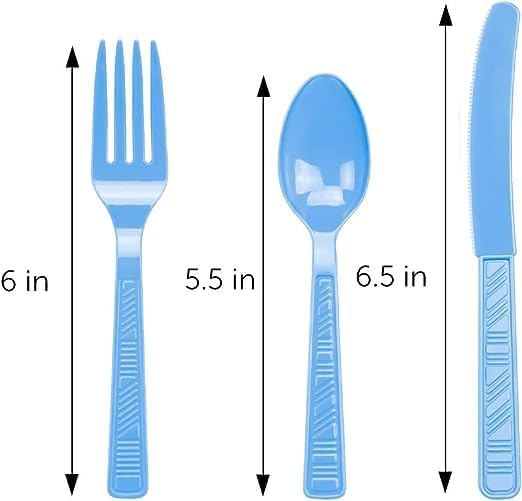 DecorRack Plastic Cutlery Set, Light Blue Colored Plastic Silverware Sets for Parties, 240 Piece Bulk Heavy Duty Utensils (Light Blue, 240 Pieces)